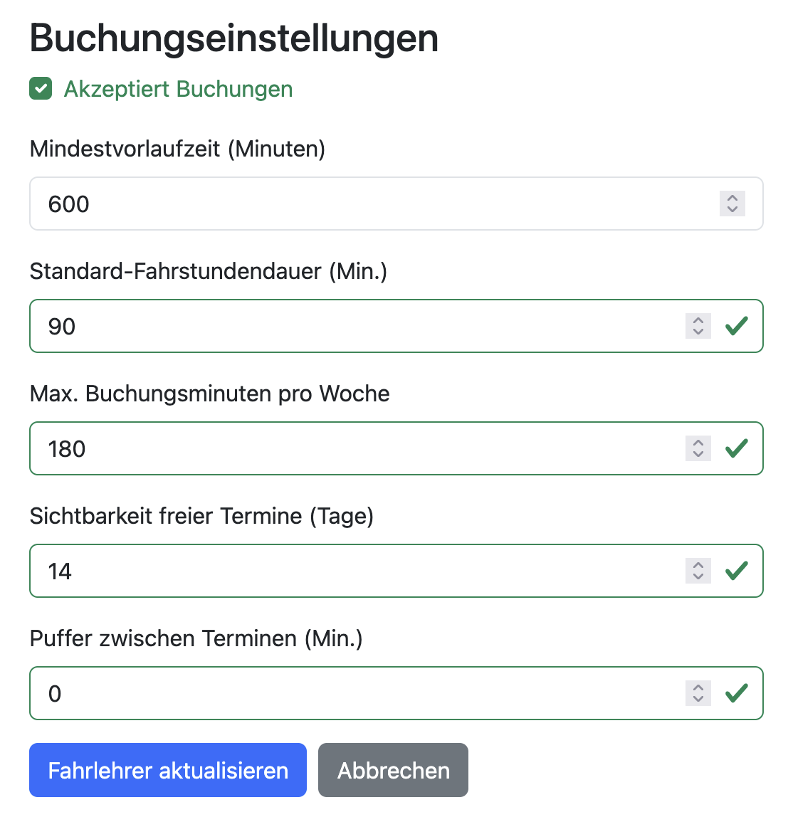 Buchungseinstellungen pro Fahrlehrer Buchungseinstellungen pro Fahrlehrer